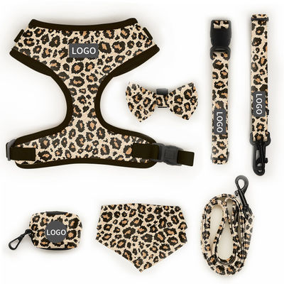 Polyester Leopard Print Huisdier Harness Sets Logo Verstelbare Kraag Leash Mesh Dog Harness